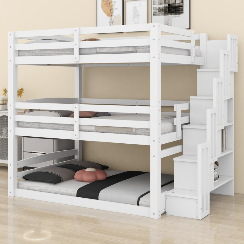 Triple lit superposé avec design séparé et escalier de rangement, Blanc