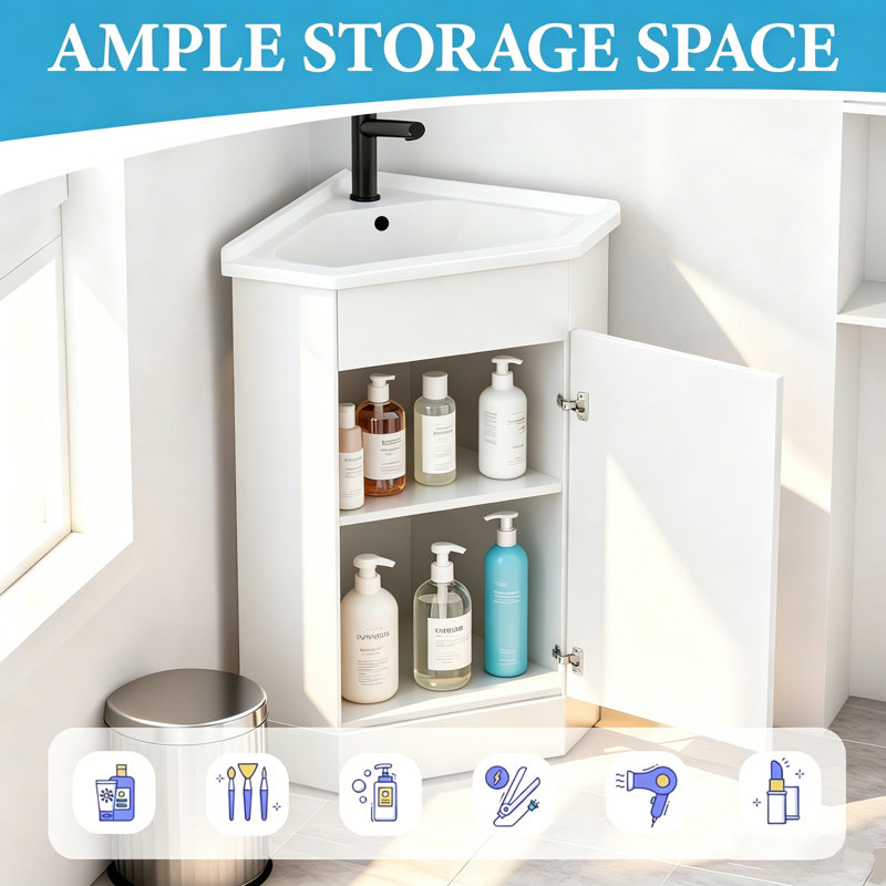 Ensemble de meuble-lavabo de coin simple 26 po avec comptoir en céramique, lavabo sur pied blanc (robinet non inclus)