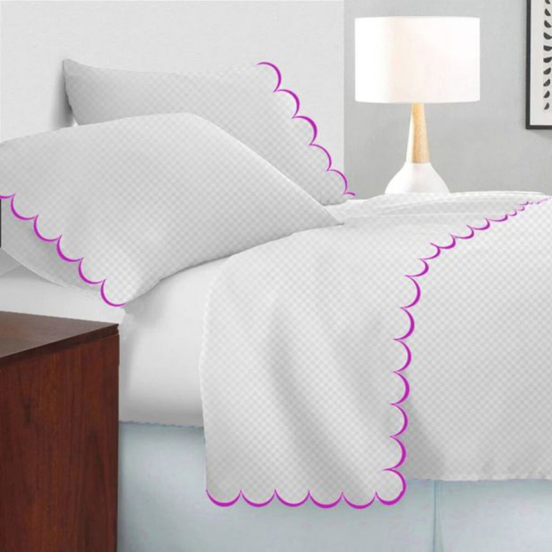 Allena 400TC Cotton Scallop Embroidery Sateen Microcheck Cotton 4 Piece Sheet Set Fitted Sheet Fits Upto 16" Deep Pocket