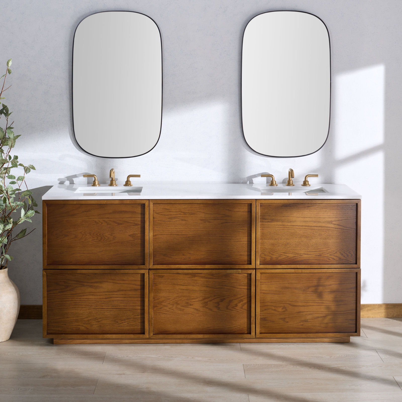 Hudson 72" Genuine Marble Double Bathroom Vanity, Medium Oak