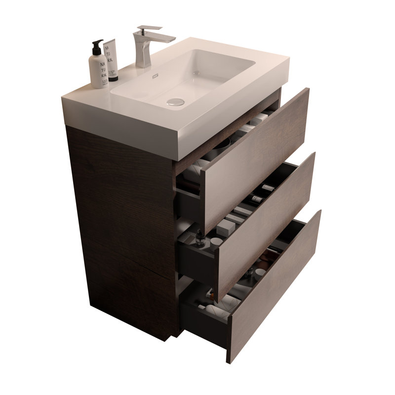 Meuble-lavabo autoportant de 30 po avec lavabo et grand rangement pour salle de bain, Blanc/noyer