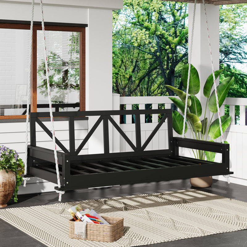 Balancelle de patio simple en bois d'acacia, structure de lit de véranda suspendue moderne avec cordes de chanvre de 16,4 pi
