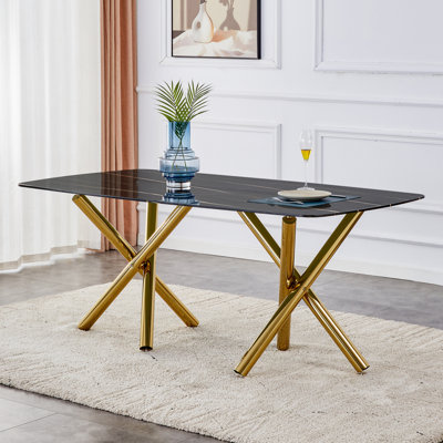 Grande table de salle à manger rectangulaire moderne minimaliste avec bureau et pieds en verre imitation marbre noir de 0,39 po, pour la cuisine, la salle à manger et le salon. W1151S00198