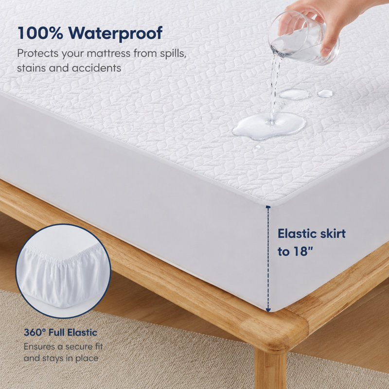 Ultrasonic Quilted Waterproof Mattress Protector – Deep Pocket Fitted Mattress Pad Cover with Leaf Pattern, Soft Breathable