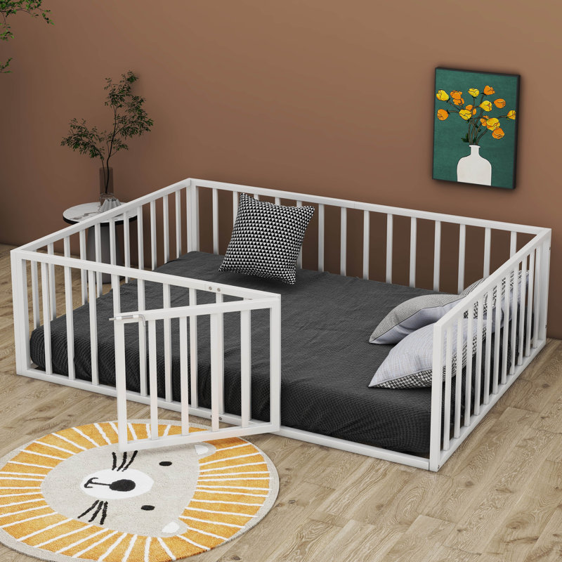 Diocles Metal Floor Bed Frame with Fence & Door, Full, White