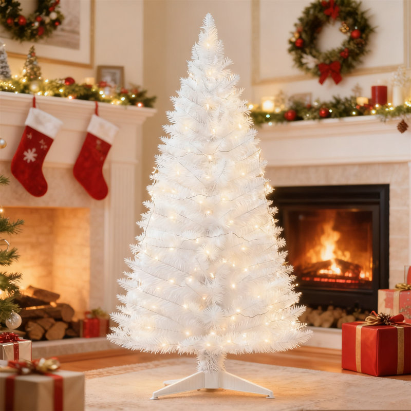 Arbre de Noël blanc illuminé 4 pi avec lumières blanches chaudes, arbre de Noël artificiel 122 branches, installation facile en 3 minutes pour la décoration de la cheminée