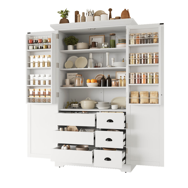 Armoire de rangement autoportante avec garde-manger et tiroirs avec tablettes réglables et tablettes coulissantes, blanc