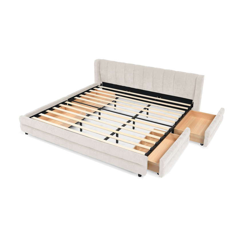 Lit moderne très grand avec rangement, revêtement en chenille confortable, beige