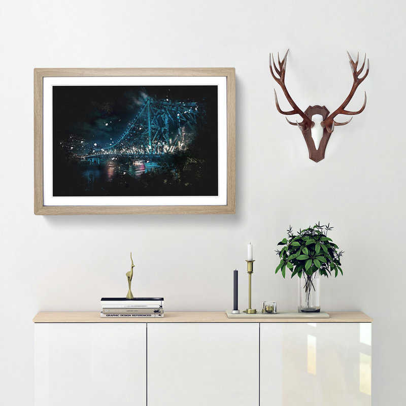 Story Bridge in Brisbane Australia - Picture Frame Graphic Art Print, 45cm H x 63cm W x 2cm D, Oak Framed