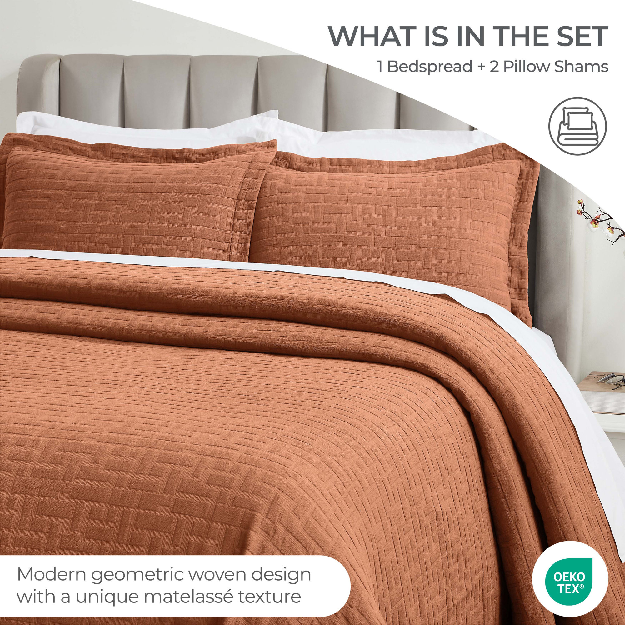 Madrid Cotton Medium Weight Geometric Matelasse Bedspread And Sham Set, Burnt Orange, Full Bedspread + 2 Standard Shams