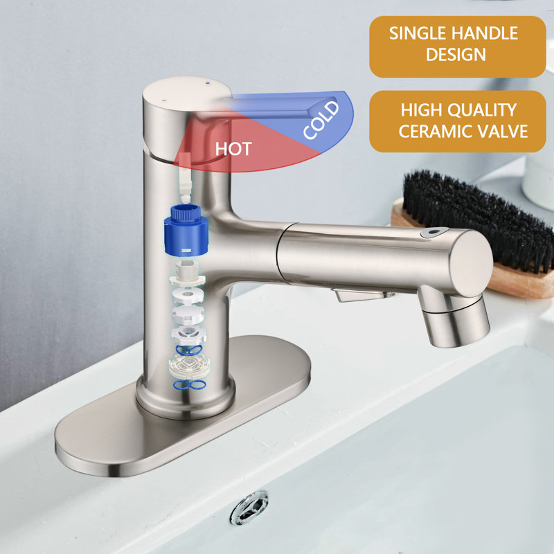 Pull Out Bathroom Faucet, Single Hole Bathroom Sink Faucet with 3 Sprayer Modes Pull Down Sprayer, Brushed Nickel