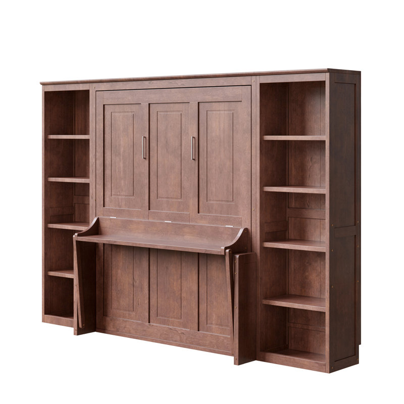  Lit escamotable double avec rangement pour bureau et bibliothèque, peu encombrant, brun foncé, Full