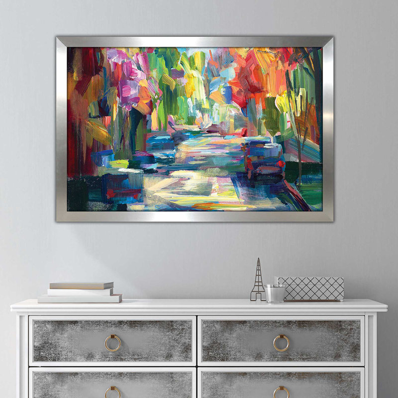 Joyaux du matin - peinture encadrée sur acrylique, Encadrement argenté, H 33,5 po x l 49,5 po x P 1 po