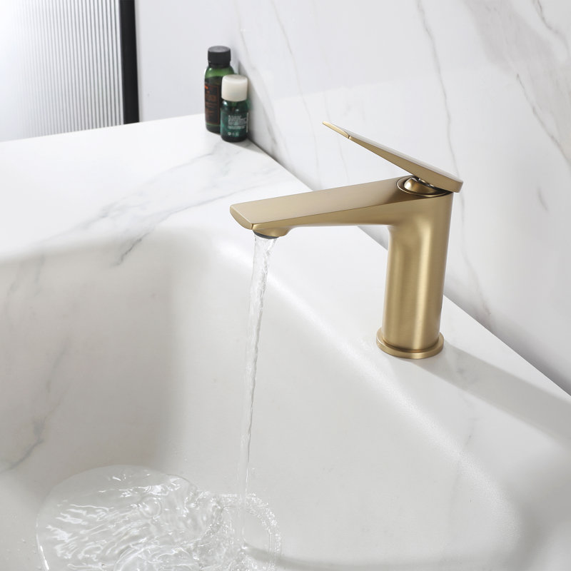 Robinet de lavabo de salle de bain monocorps et monocommande en laiton massif avec bonde escamotable, Or brossé