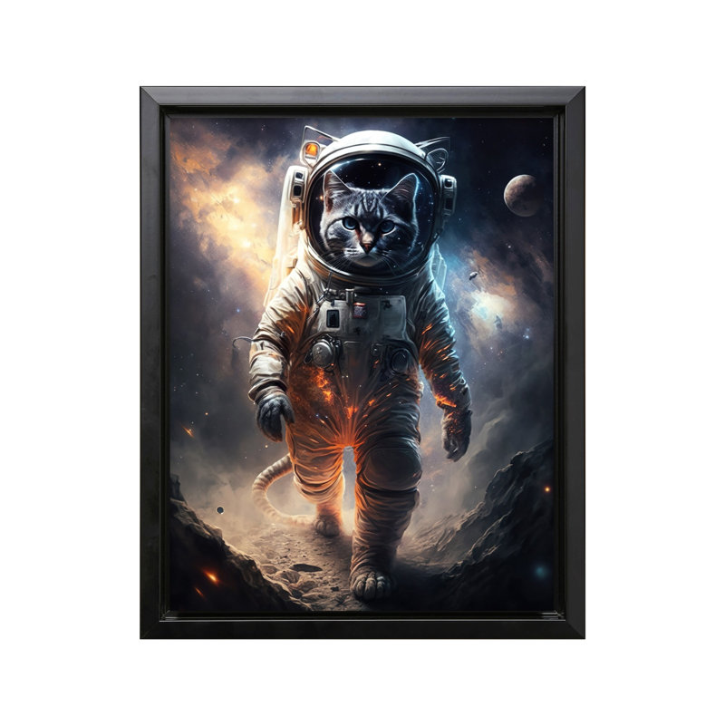 Chat astronaute, Black Framed, Canvas, 12"H x 16"W