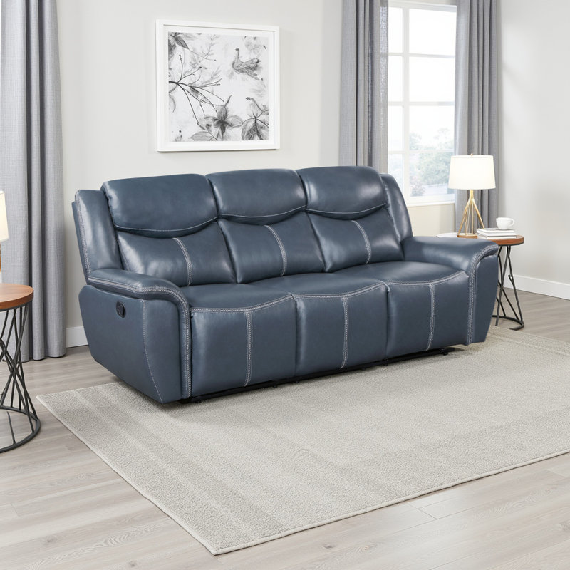 Eleni Manual Recliner Sofa, Drop Down Table, Blue Faux Leather, 88 Inch