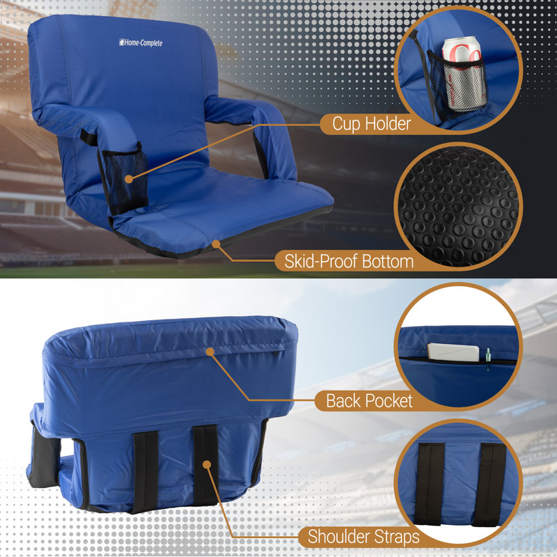 Home-Complete - Wide Reclining Stadium Seat Cushion with Back Support, Armrests, 6 Adjustable Positions and Carry Straps - Portable Stadium Seats and Bleacher Chairs with Back and Cushion