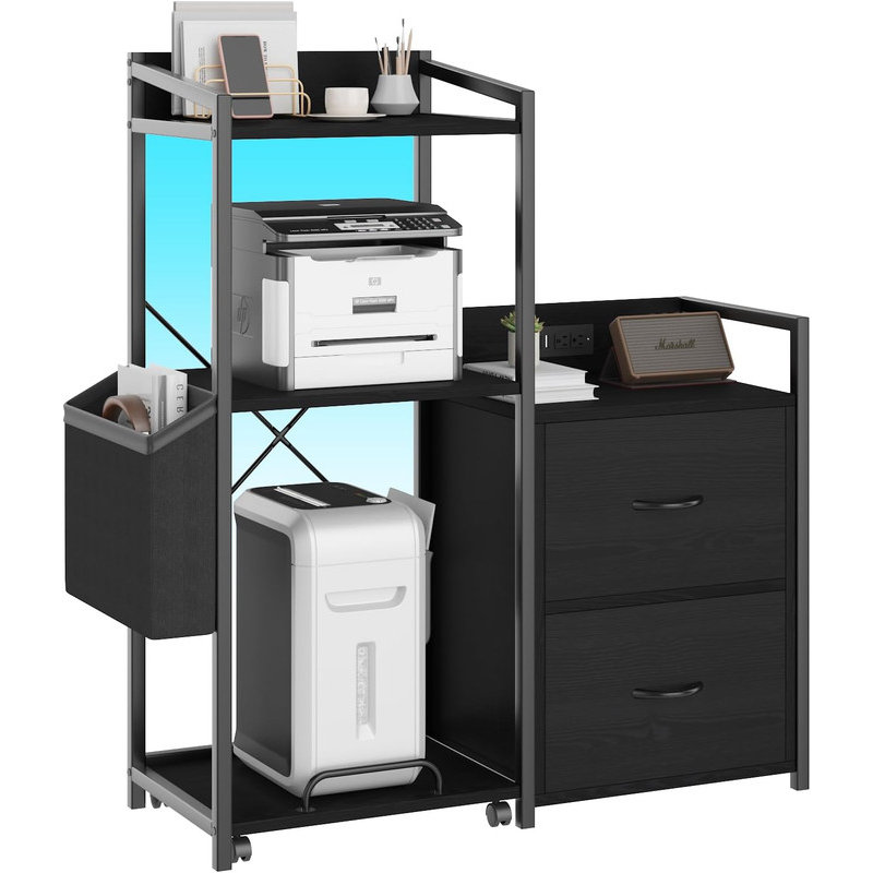 2-Drawer File Cabinet with Power Strip & LED Lights, Multi-Function Printer Stand for Home Office, Black