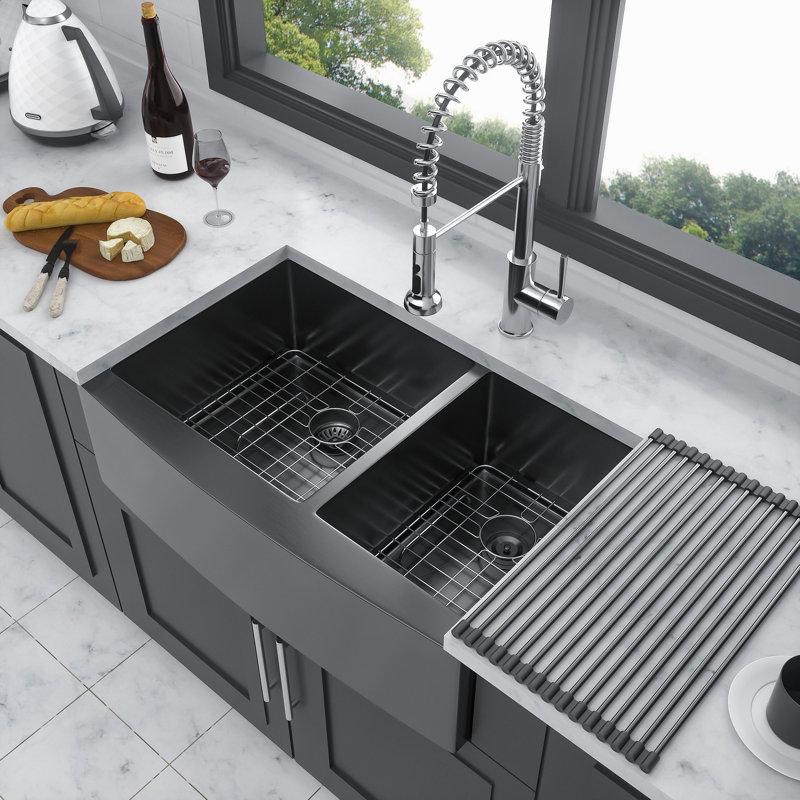 Gunmetal Black Double Bowl (60/40) Farmhouse Sink- 36"X21"X10"Stainless Steel Apron Front Kitchen Sink 16 Gauge With Two 10" Deep Basin