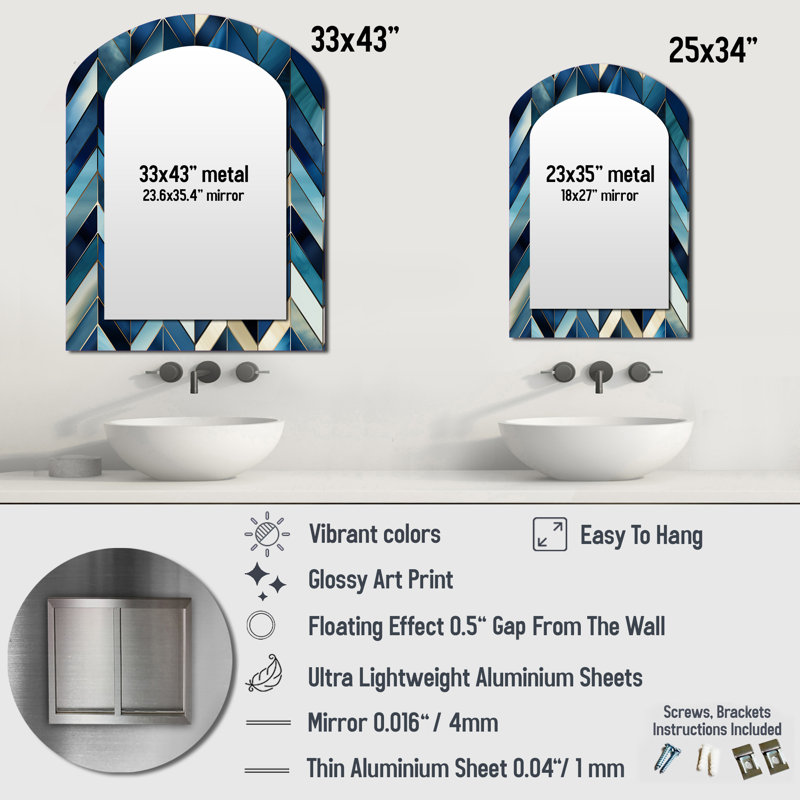Vintage Cobalt Blue Chevron Geometric - Chevron Unique Shape Large Wall Mirror, Blue Freeform Decorative Mirror, Printed Metal Art
