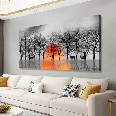 Forêt, reproduction d'art sur toile, arbre noir et blanc, peinture, décoration pour salon, coucher de soleil rouge, lever de soleil, décoration murale
