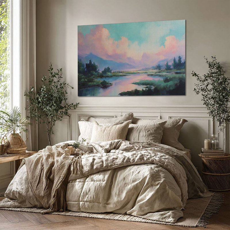 «Dreamy Pink Landscape», art mural sur toile grand format - Décoration de salon, de chambre à coucher ou de bureau