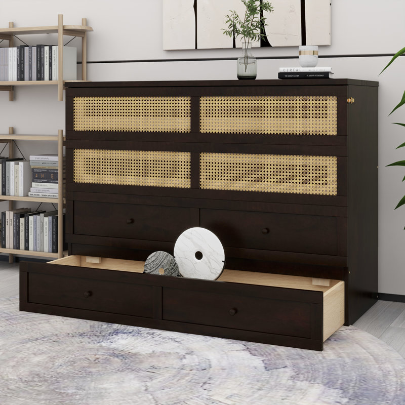 Structure de lit murale en bois massif avec tiroirs de rangement et tête de lit en rotin, Espresso