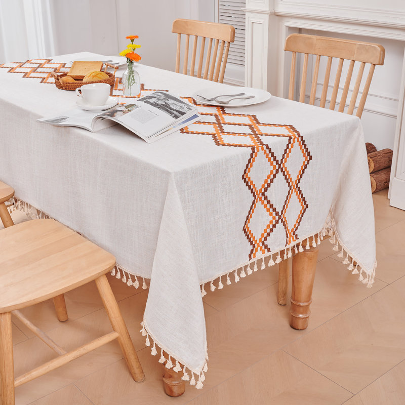 Linen-Like Diamond Checkered Embroidery Tablecloth with Fringe, 86" Rectangle, Orange