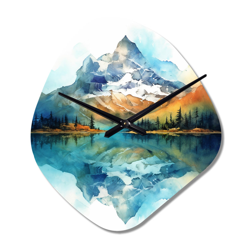 Horloge murale de forme unique en métal Calming Mountain Riverside III - Mountains, Petit
