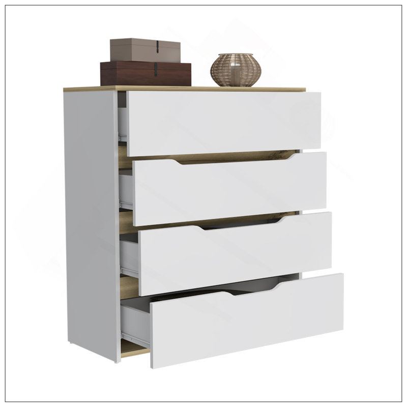 Commode à tiroir H 35 po, quatre tiroirs, plateau supérieur, blanc / chêne clair, Blanc