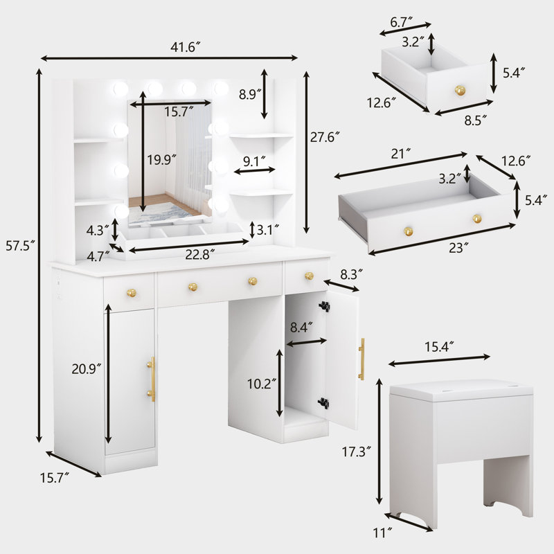 Guram Vanity Set Modern LED Makeup Desk with Mirror, Ten Light Bulbs & Desktop Dazzle Light Adjustable Brightness, 7 Drawers & Stool, Usb Power Outlet