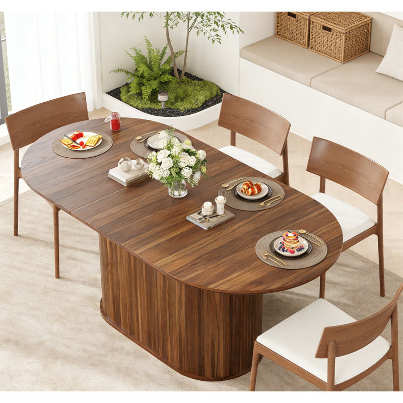 Extendable Dining Table with Modern Striped Legs for Living Room and Kitchen, Walnut