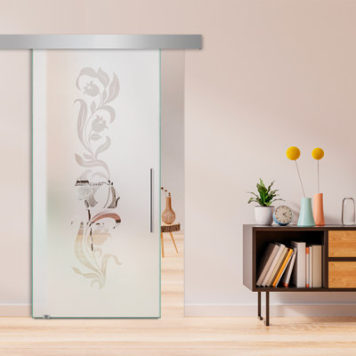 Porte de grange coulissante en verre sans cadre avec design moderne sablé et quincaillerie (semi-privée)
