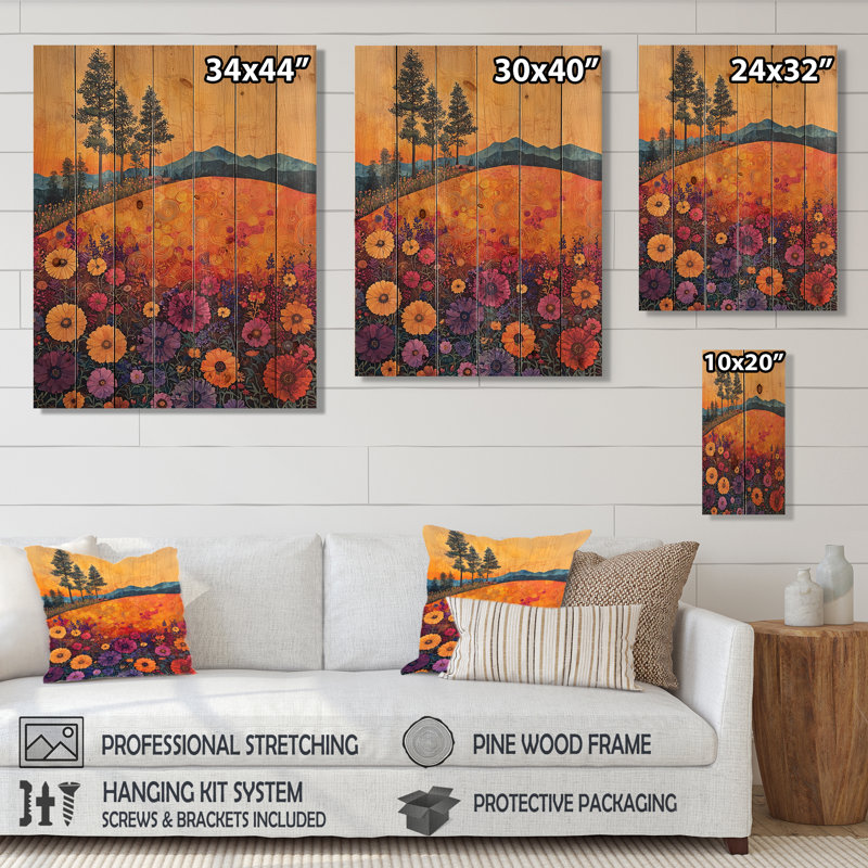 Fleurs orange orange, champ de fleurs IV - décoration murale en bois de fleurs sauvages - sur bois de pin naturel