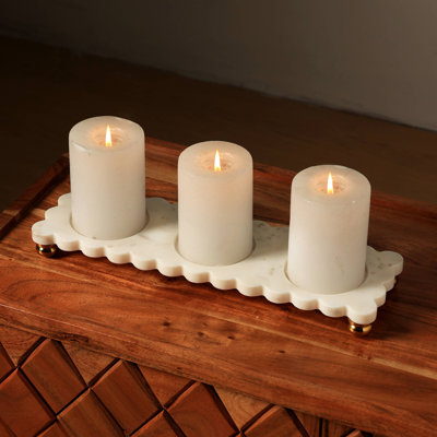 India. Curated. Elegant Marble and Brass Candle Holder Set for Three Candles -  India.Curated., MADEA3246