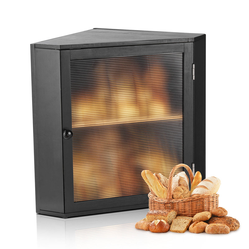 Corner Bread Box for Kitchen Counter Double Layer Bamboo Storage Container , Black
