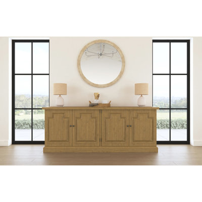 Buffet rustique à quatre portes pour le décor, fabrication en bois de pin et en placage, hauteur de 35,73 pouces, largeur de 90, tiroirs avec finition, salle à manger spacieuse, 19 profondeurs, deux nichoirs