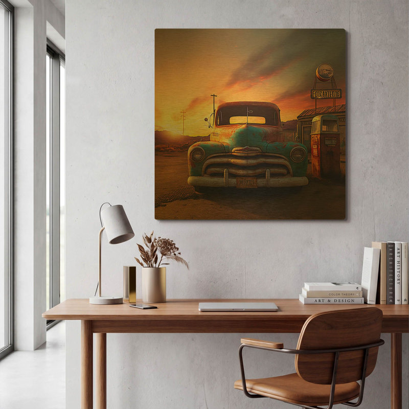 « Route 66 3 » de Ray Heere, tableau mural en métal doré, 91,4 cm x 91,4 cm, 36 po x 36 po