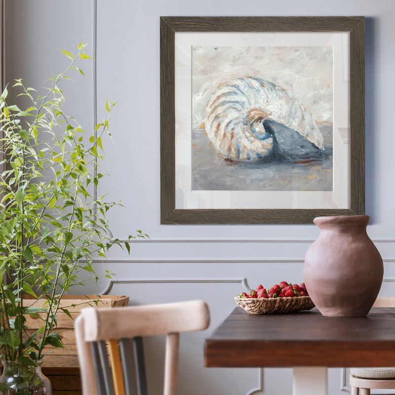 " Blue Shell Study I ", 31.5" H x 31.5" W x 1.5" D, Gray Framed Paper