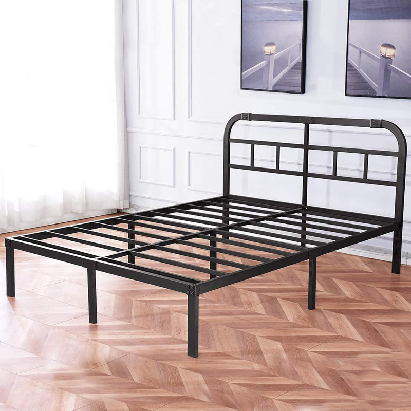Grand lit plateforme en métal noir de 14 pouces avec tête de lit moderne, support en acier robuste, rangement sous le lit, aucun sommier nécessaire