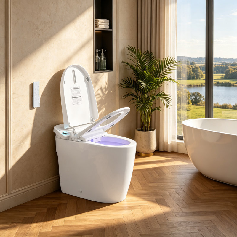 Toilettes intelligentes conformes aux normes ADA avec siège chauffant, bidet intégré, séchoir à air chaud, ouverture automatique du couvercle, télécommande, veilleuse, entraxe de 30,5 cm (12 po).