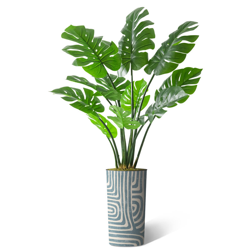 Arbre artificiel dans un pot de fleurs moderne, décoration d'arbre en soie artificielle Monstera (pot et arbre), H 56 po