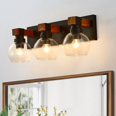 Luminaires de meuble-lavabo Farmhouse, luminaires de salle de bain en bois 3 lumières au-dessus d'un miroir, éclairage mural rustique avec abat-jour en verre pour le salon, la chambre à coucher, le couloir