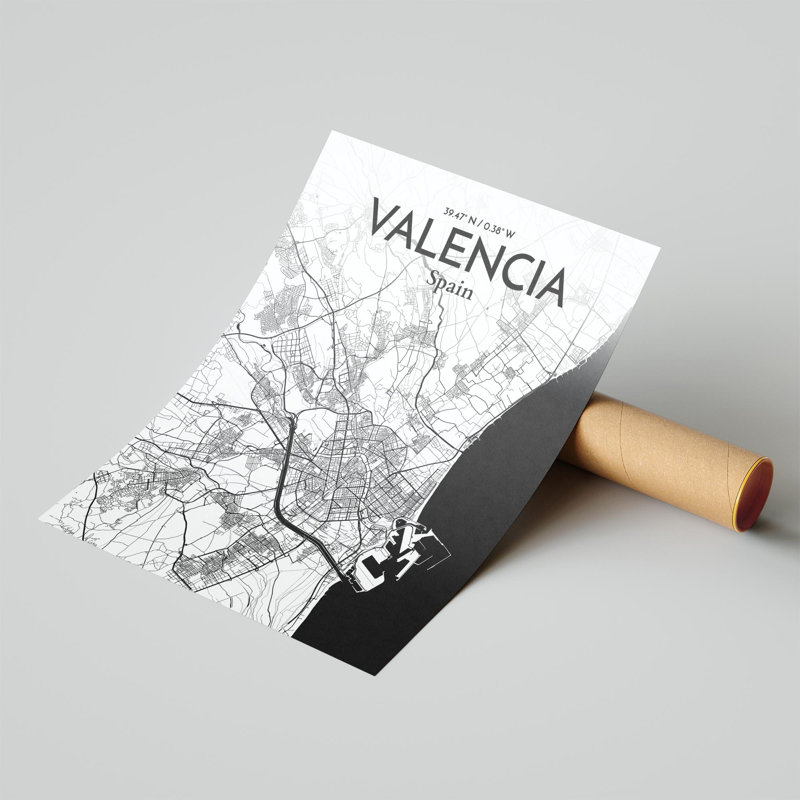 Valencia, carte de la ville, impression, H 20 po x l 16 po, Noir et blanc
