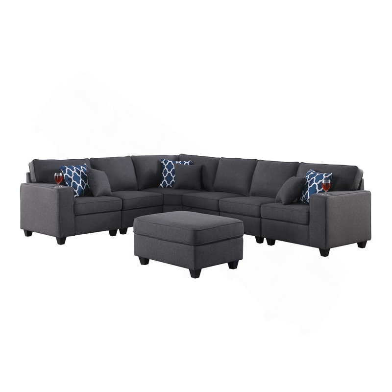 Canapé modulaire en L gris foncé de 7 po avec repose-pieds et porte-gobelet Cooper, Gris foncé