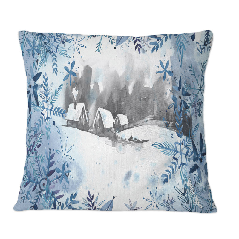 Paysage d'hiver de Noël en bleu, blanc et gris - Coussin décoratif à imprimé traditionnel, 18 po x 18 po
