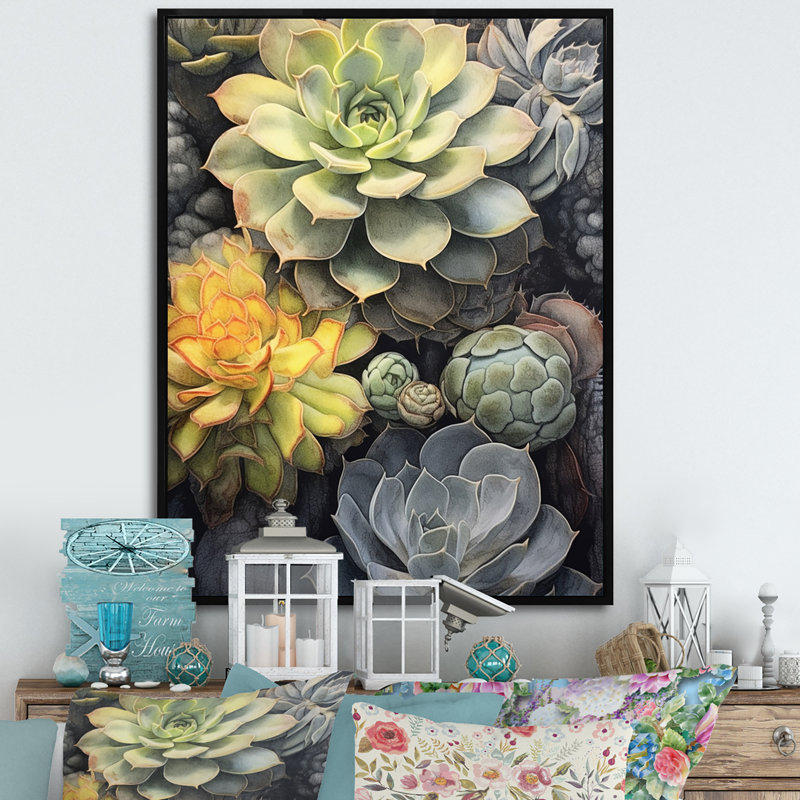 «Green Grey Resilience Succulent», reproduction sur toile, Cadre flottant noir, H 32 po x l 16 po x P 1 po
