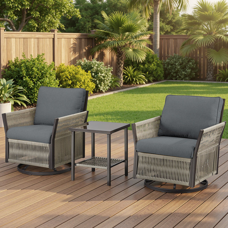 3 Piece Outdoor Wicker Rope Woven Swivel Chair Set with Side Table, Gray