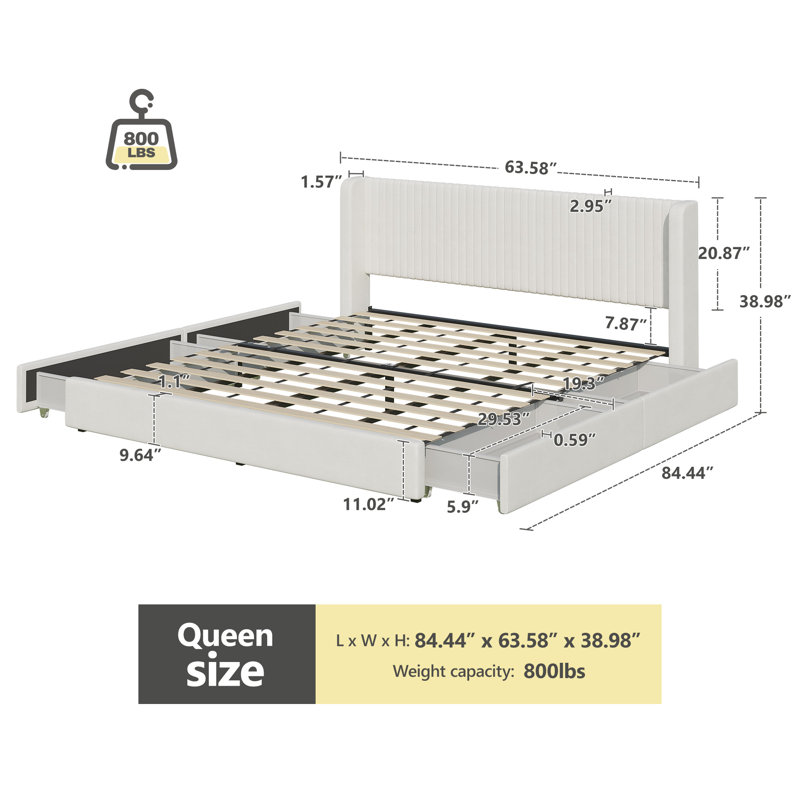 Platform Drawer Storage Bed with Wingback Headboard, Queen