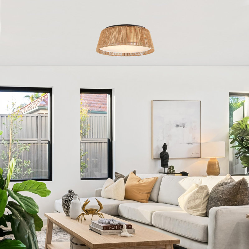 20" 3-light Hand-Woven Rattan Drum Flush Mount